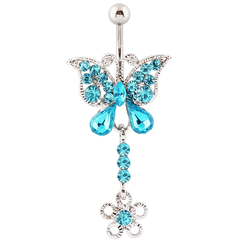 Rhinestone Blue Butterfly Belly button ring Woman Fashion Body piercing Navel ring jewelry  14G 316L Surgical steel Bar TAIERS