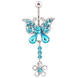 Rhinestone Blue Butterfly Belly button ring Woman Fashion Body piercing Navel ring jewelry 14G 316L Surgical steel Bar TAIERS