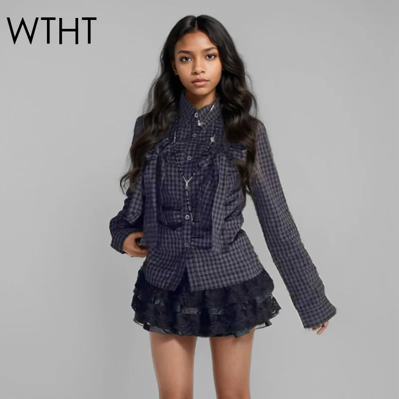 WTHT Trendy Women's Spliced 3D Bows Design Wrinkled Waist-slimming Plaid Shirt 2025 Spring Long Sleeves Blouse Female 1LS690