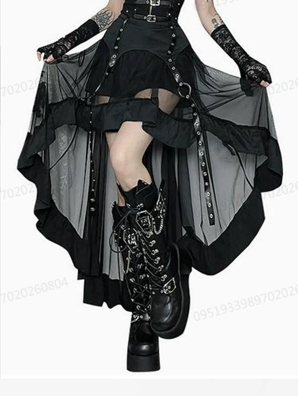 Women Gothic High Low Skirt Black Elastic Waist Mesh Ruffles Asymmetric Hem Skirt With Grommets Strap Punk Tiered Midi Skirts