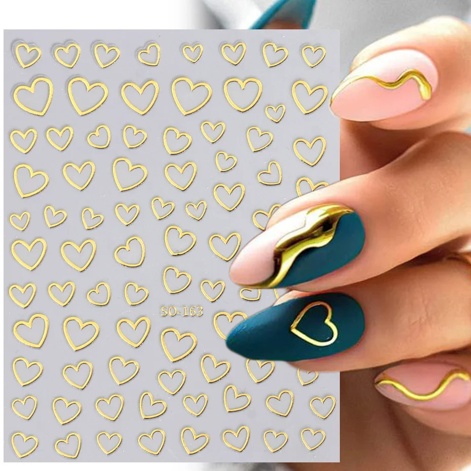 3D Metallic Heart Nail Stickers Gold Silver Rose Gold Hollow Love Heart Design Gel Polish Slider Holographic Manicure Decoration