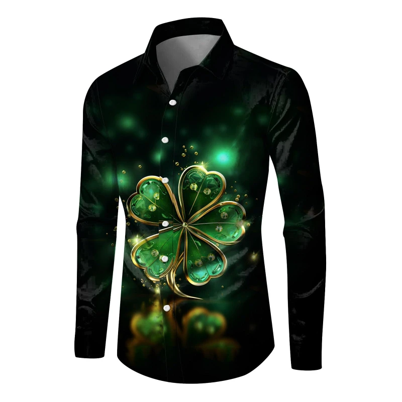 Mode Mannen St. Patrick's Day Shirts met lange mouwen 3D Print Groene Klaver Grafische Hawaiiaanse Shirts Dameskleding Casual Mode Top