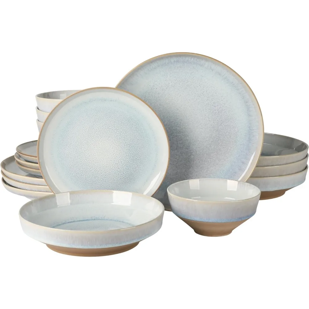 

Gibson Elite Hailstone 16-Piece Stoneware Reactive Glaze Dinnerware Set, Service for 4, Ceramic Plates and Bowls in Moon Blue