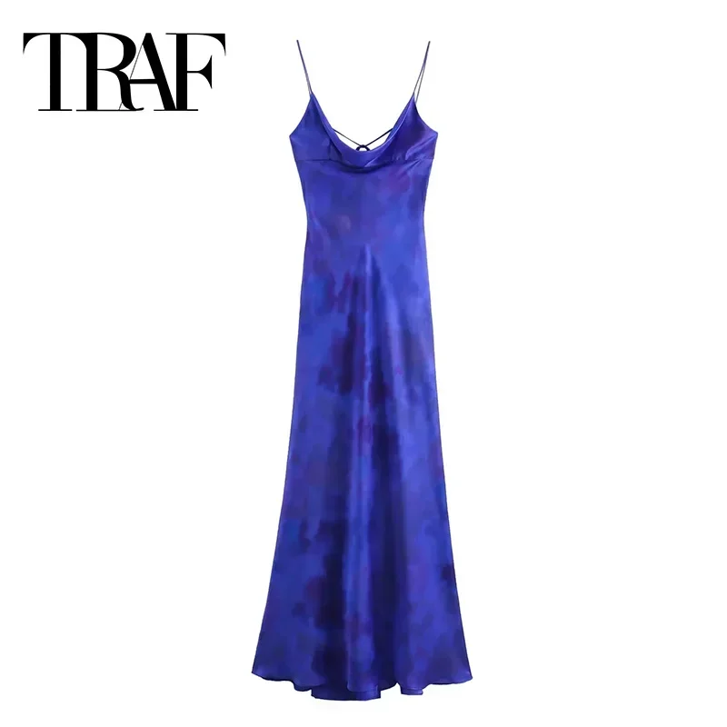 

TRAF Long Dress Woman Tie Dye Slip Backless Blue Satin Dress Women Summer Sleeveless Evening Dresses Elegant Party Dresses 2024