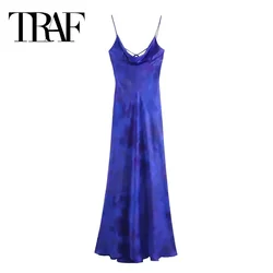 TRAF Long Dress Woman Tie Dye Slip Backless Blue Satin Dress Women Summer Sleeveless Evening Dresses Elegant Party Dresses 2024