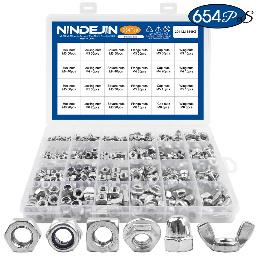 NINDEJIN 654pcs Nut Assortment Kit M3 M4 M5 M6 Stainless Steel Hex Flange Lock Acorn Wing Nuts Set Multi Types Nut Mixing Kit