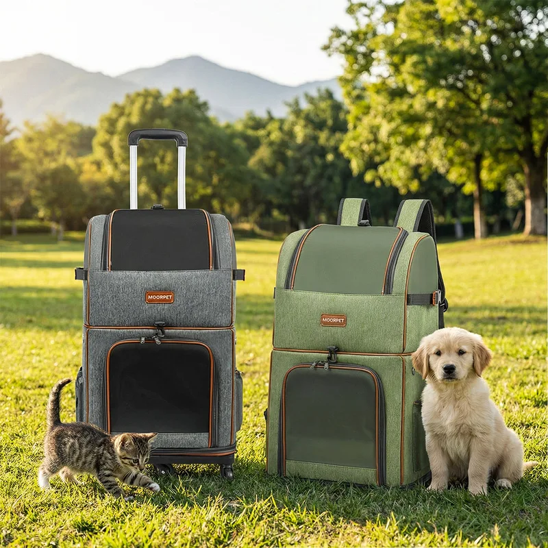 Double Layer Breathable Rolling PetCarrier, Portable Wheeled Travel Bag forCats Small Dogs Outdoor Long-distance Trip