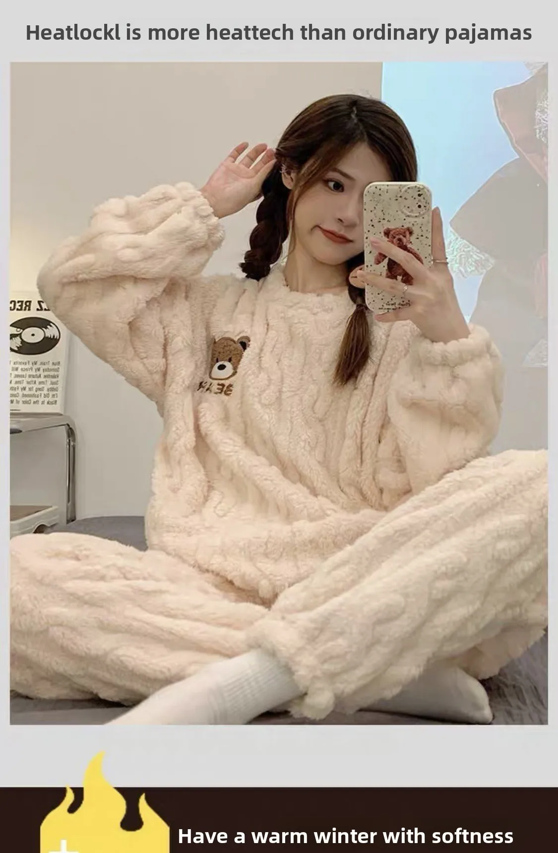 Fall and Winter Flannel Thick Warm Sleepwear Women's Long Sleeve with Fleece Home Clothes Ladies Striped Solid Color Pyjamas