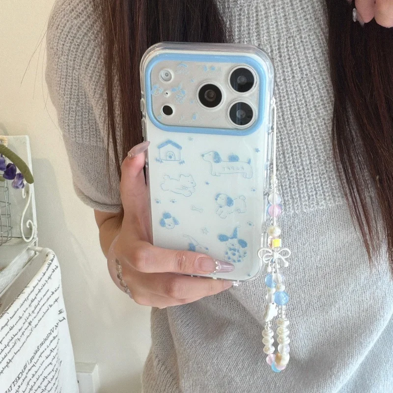 

Fashion Cute Cartoon Blue Dog Painting Phone Cover For iPhone 17 Pro 16 15 Pro Max Cover with Chain Korean Protective Cases Fund