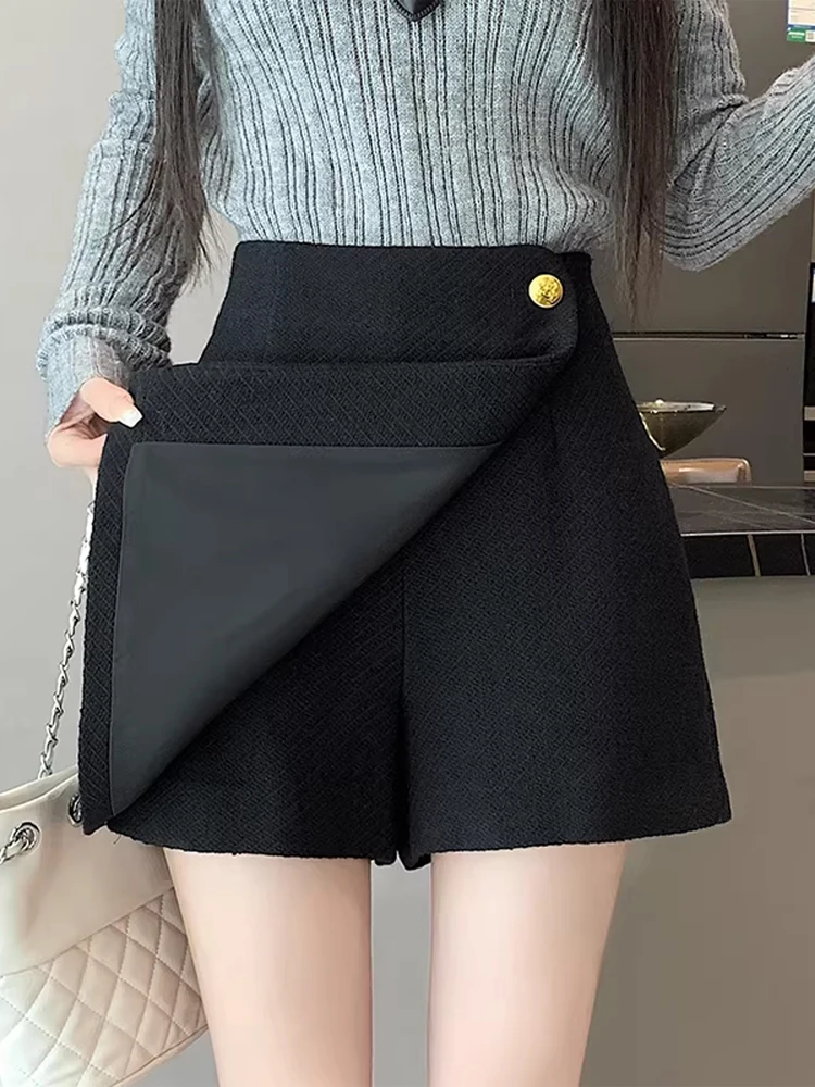 Calças de Lã de Cintura Alta para Mulheres, Calças Casuais de Perna Larga, Corte Assimétrico em Fibra de Poliéster