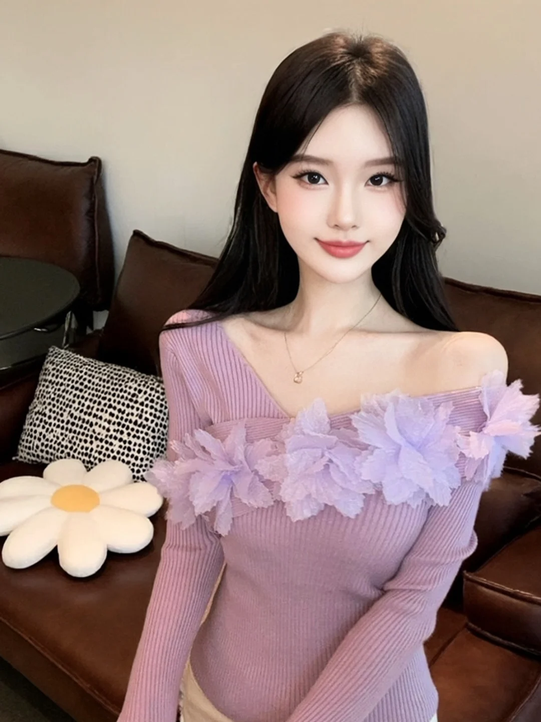 

Korean Style Sweet Pure Desire 3D Flower Slant Shoulder Long Sleeve Knitted Base Shirt Slim Fit Inner Wear Striped Top
