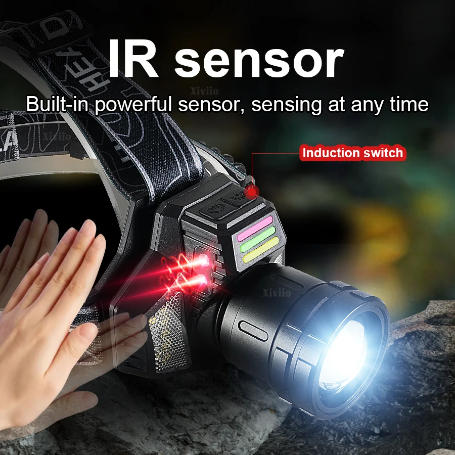 990000000LM Smart Induction Most Powerful Led Headlamp 1500W Rechargeable Head Torch Waterproof  for Fishing Camping Emergency