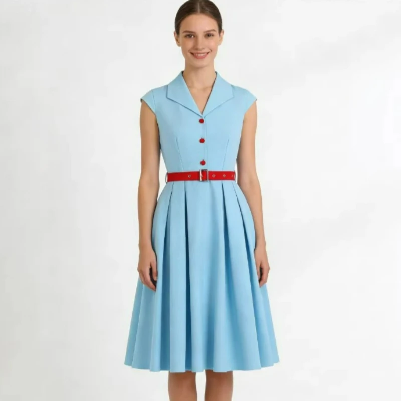 

Летнее платье 2026: Новинка, модный ретро-дизайн, с отложным воротником, без рукавов, с контрастным поясом, в европейском и американском стиле, женская одежда