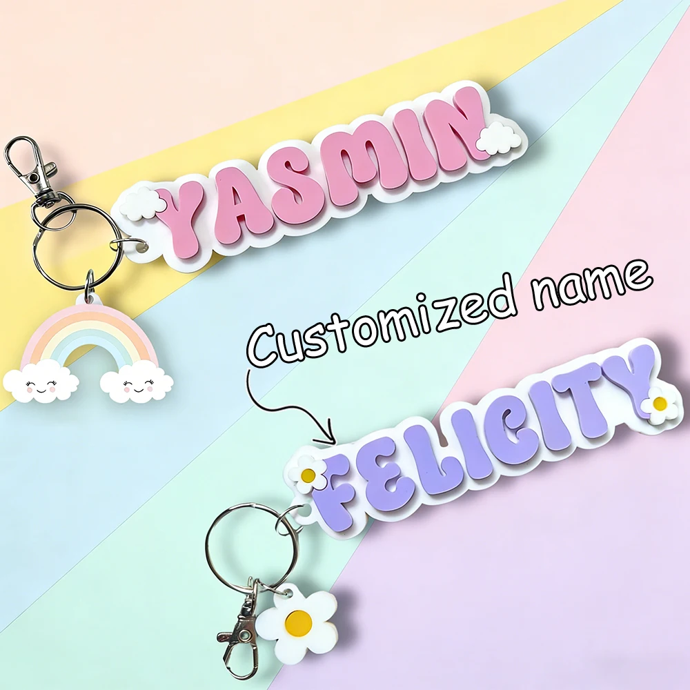 1PCS Customized Name Keychain Personalized Double Layer Acrylic Cute Daisy Rainbow Backpack Name Tag Custom Name Key Chain
