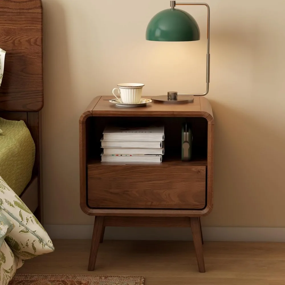 Walnut Mid-Century Solid Wood Nightstand with Drawer and Shelf for Small Spaces