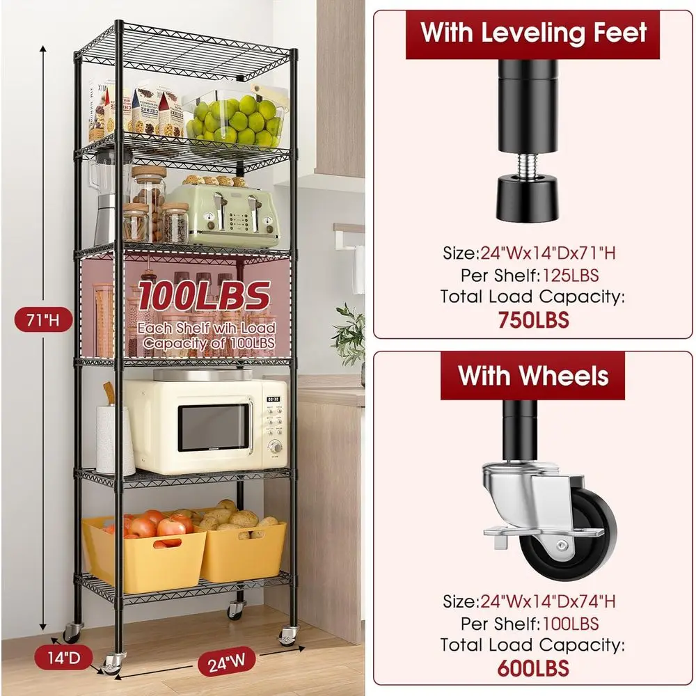 6-laags heavy-duty rollende draadplanken, 14x24x71, capaciteit van 750 lbs, ruimtebesparend opbergrek voor garage, kast, keuken