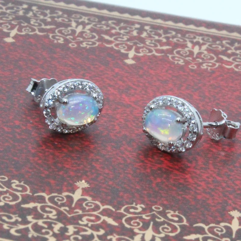 الكلاسيكية 925 أوبال الفضة وأقراط 4*6 مللي متر العقيق الطبيعي الفضة أقراط الحساسية الحرة 18K مطلية بالذهب الأحجار الكريمة والمجوهرات