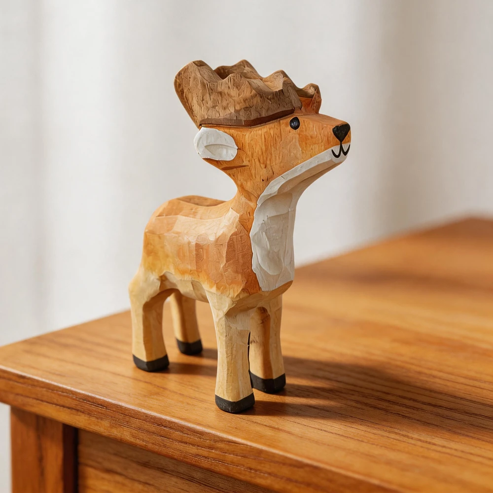 Hand Carved Wooden Elk Figurine, Cute Deer Statue Natural Wood Sculpture for Home Decor Desk Ornament Gift