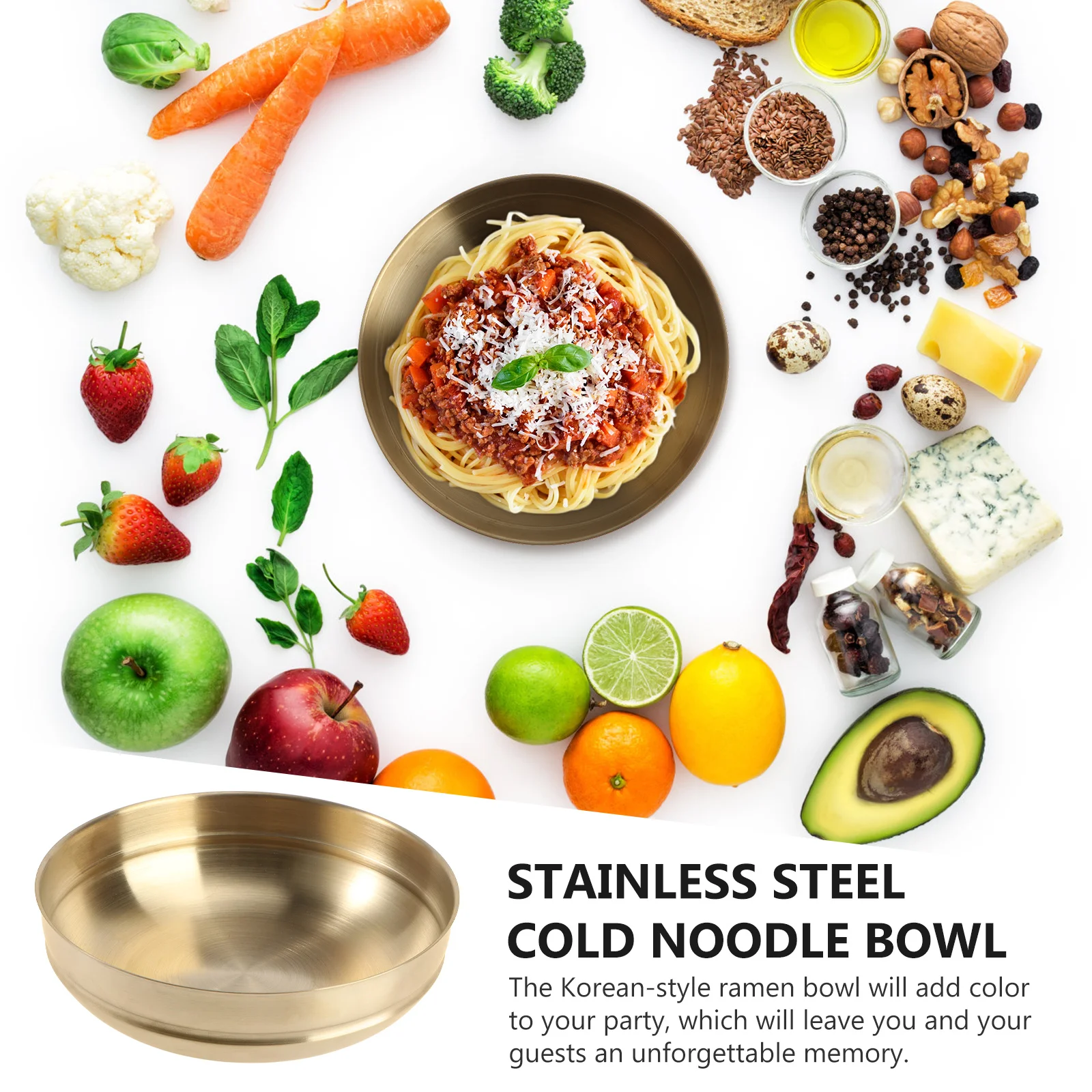 

Stainless Steel Cold Noodle Bowl Golden Color Multi purpose Kitchen Ramen Tableware Large Size Home Restaurant Use Mixed Rice