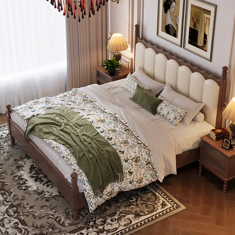 !@American Retro Solid Wood Double Bed, Canopy Wave Bed, Master Bedroom Large Bed, French Upholstered Wooden Bed