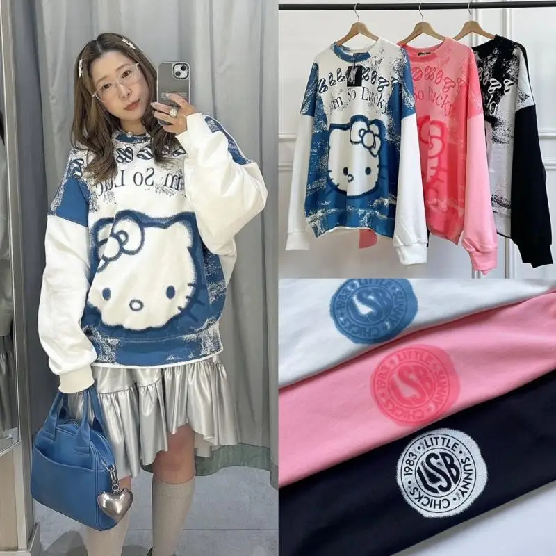 Kawaii Hello Kitty Loose Large Size Sweatshirt Couple Cute Printed Letter Girl Long Sleeve Jacket Handsome Cool Tops Casual Wear