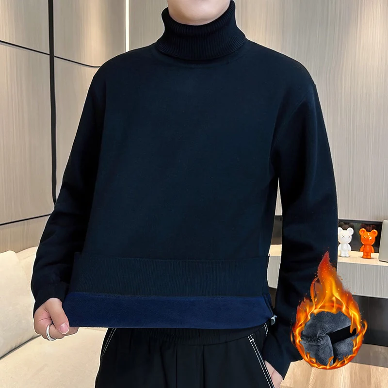 

Мужской многослойный свитер с высоким воротником, Разноцветные Повседневные универсальные пуловеры, плюшевая утепленная базовая одежда с длинными рукавами для зимы