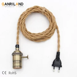 GANRILAND EU Plug Power Cord Twisted Hemp Rope Decorative E27 Socket Copper Lamp Base Cable 2M 220V Electrical Wire For Lighting