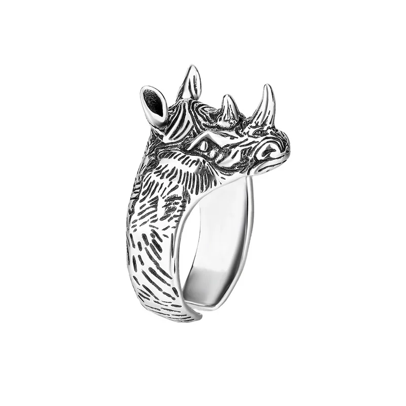 Personality Vintage Rhino Animal Design Thai Silver Man Punk Ring Jewelry Birthday Gifts Never Fade