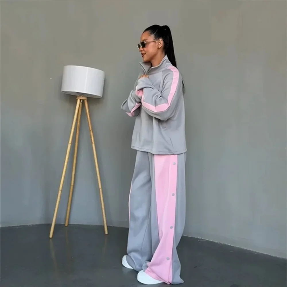 European American New Women Fashion Half Open Neck Long Sleeve Sweatshirt Pants Casual Suit Color Block Two Piece Set