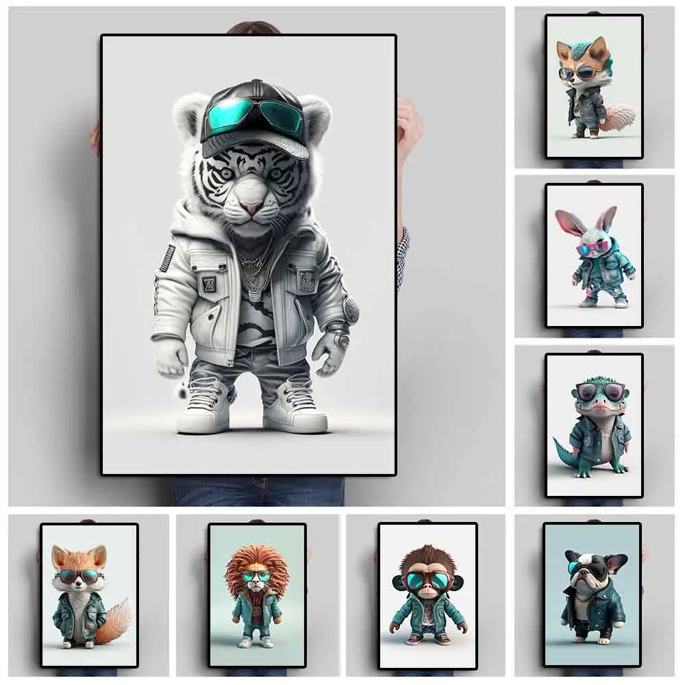 

Cartoon Baby Fox Comic Poster And Print Little Lion Wearing Jacket Anime Canvas Painting Cute Monkey Animal Wall Art Room Decor