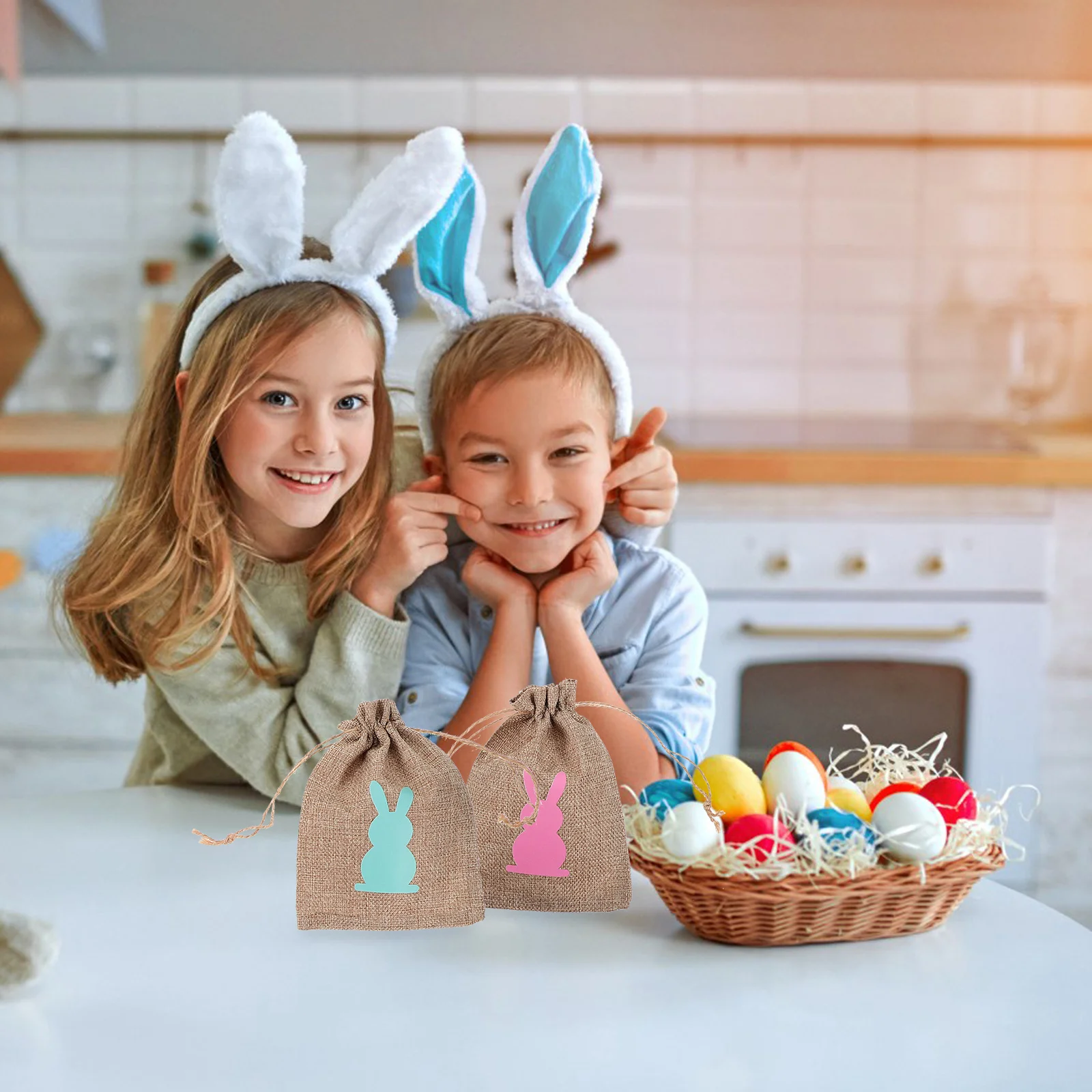 12 pezzi sacchetto di coniglietto pasquale sacchetto con coulisse sacchetti di imballaggio regalo dolcetti avvolgimento coda snack lino dolcetti cartone animato