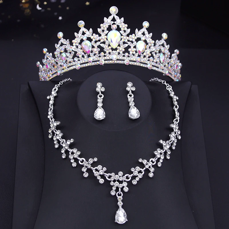 AB Crown for Wedding Jewelry Sets Bridal Dangle Earrings and Tiaras Necklace sets Princess Girls Party Prom Crown Jewelry Set