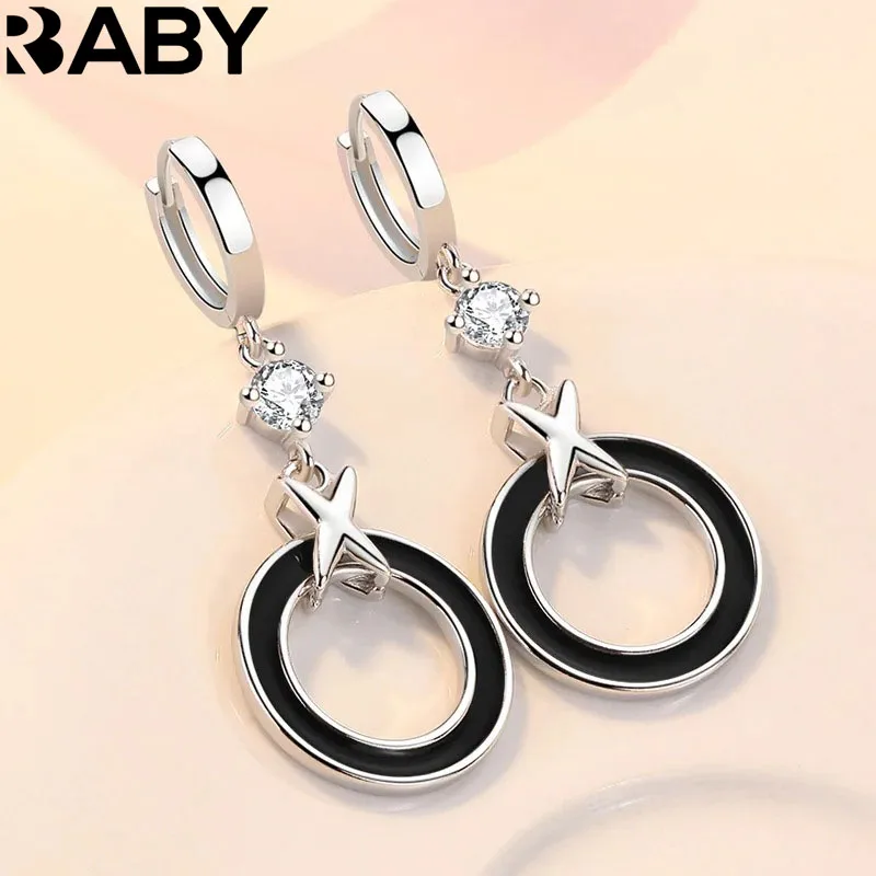 

URBABY Personality Trendy Black Circle X Hoop Earrings For Women 925 Silver Jewelry Shiny Zircon Long Earring Party Accessories