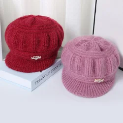 Kobiety czapka zimowa z szerokim rondem czapka utrzymująca ciepło z miękkiej dzianiny Furry ciepłe czapki dla kobiet dorywczo futra królika zima Knitting Hat