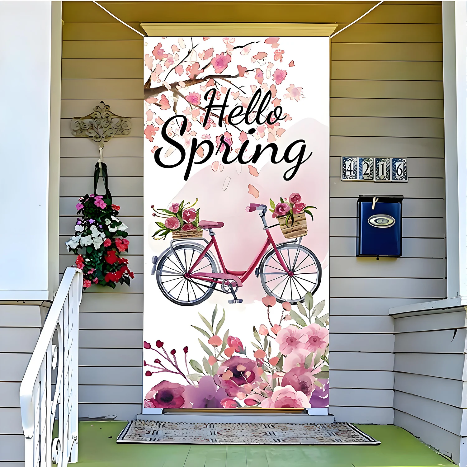 Hello Spring Door cover decorated with colorful flower banners Butterfly Green truck Spring seasonal outdoor items view 4