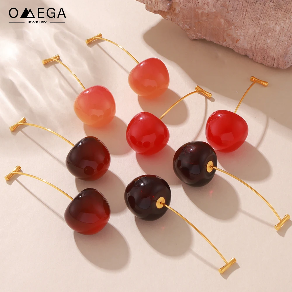 4 Colors Resin Cherry Earrings For Women 18k Gold Plated Stainless Steel Studs Sweet Fruit Charms Dangle Earring Cute Girls Gift