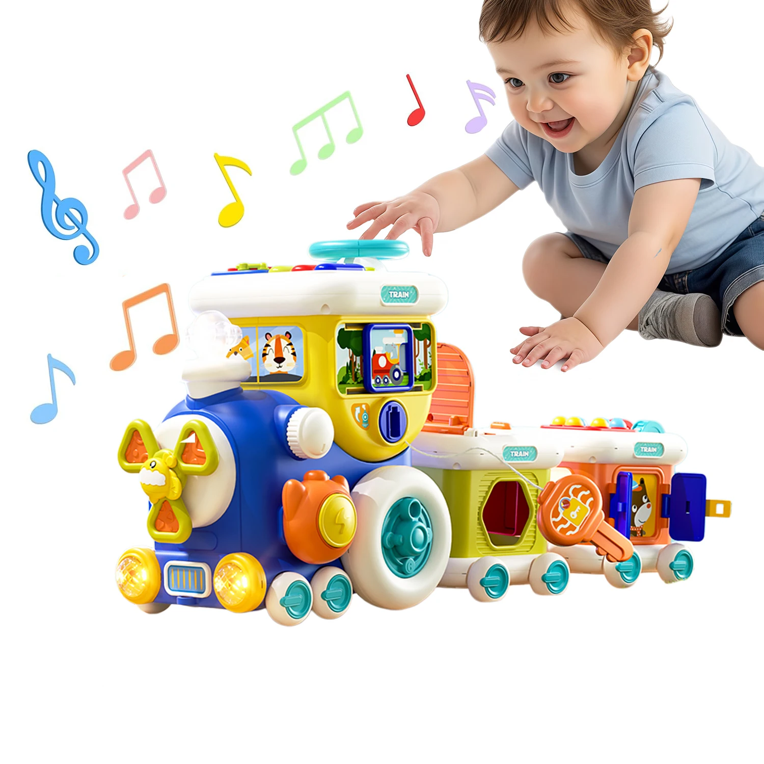 モンテッソーリ-トレインおもちゃ-1～3歳児向け、シミュレーションされたステアリングホイール、キー回し式多機能教育音楽カー付き
