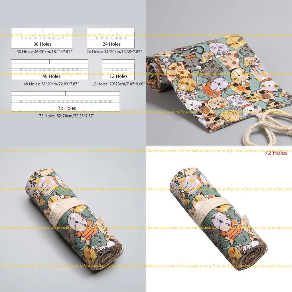 

R1WD Cartoon for Cat 12/24/36/48/72 Holes Canvas Roll Pen Curtain Pencil Bag for Case Makeup Wrap Holder Storage School