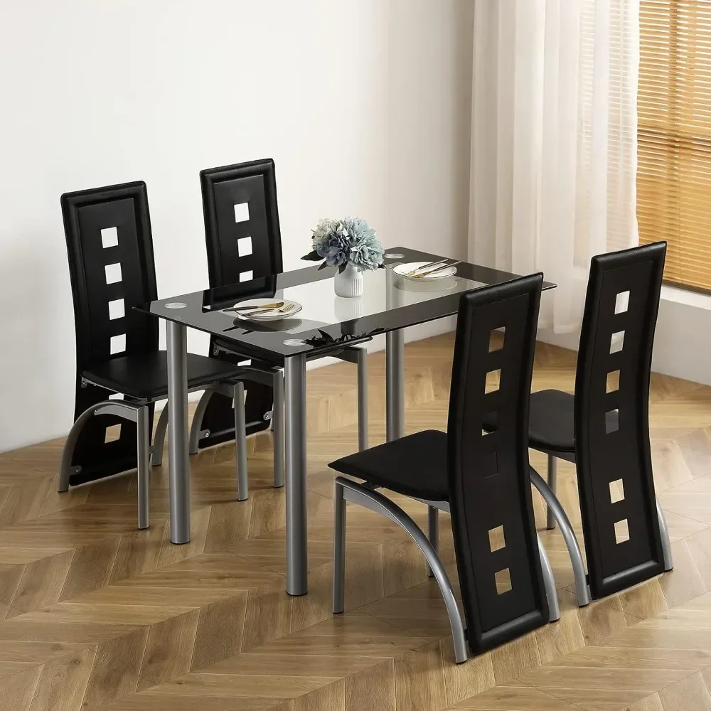 Karl Home 5-Piece Dining Table Set with 1 Glass Dining Table and 4 PVC Chairs, Modern Silver Dining Table Set for Kitchen