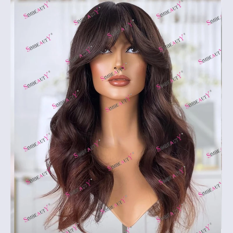 Glueless Lace Front Ombre Copper Red Brown Wavy Human Hair Wigs for Black Women Fringe Full Lace Wigs with Thick Bangs Natural