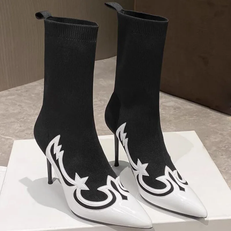 

Sexy Star Flower Pointed Toe Knitting Sock Boots Stiletto High Heel Grey Black White Stretch Patchwork Short Boots Women Shoes