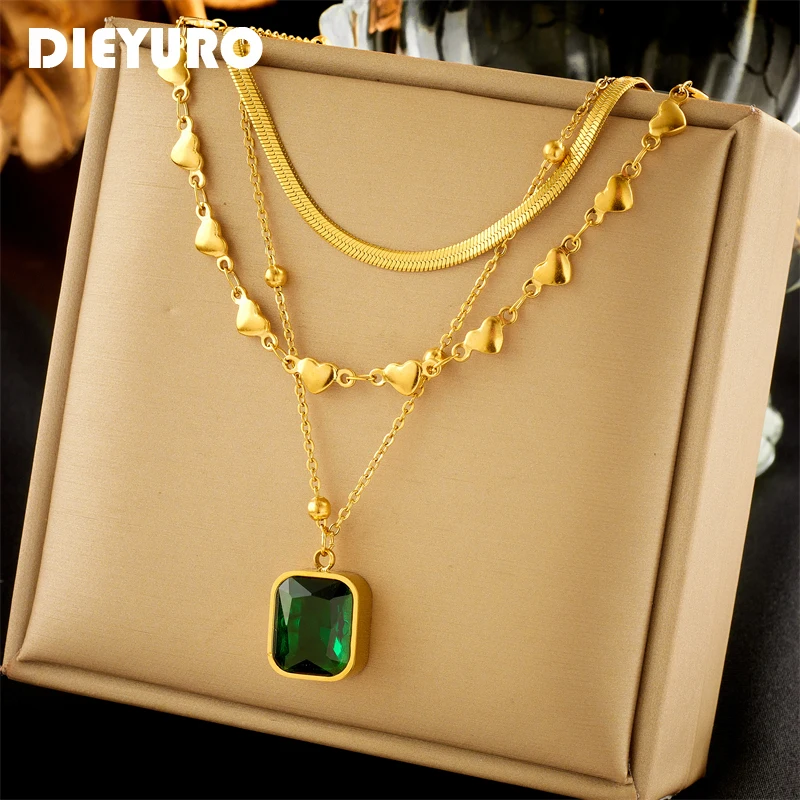 DIEYURO 316L Stainless Steel Square Green Crystal Pendant Necklace For Women Girl New Retro 3in1 Chains Non-fading Jewelry Gifts