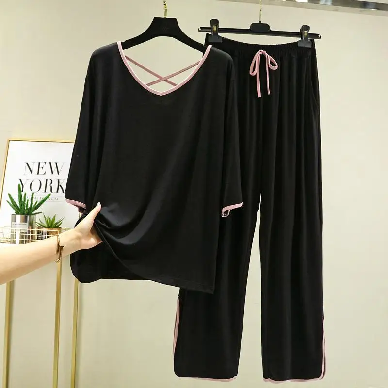 Plus Size 5XL 150kg Jednolity Kolor Jesienny Domowy Strój Luźna Bielizna Nocna Koreański Zestaw Piżam Spodnie Eleganckie Ubrania Domowe Harajuku