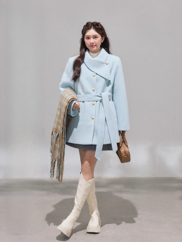 

Водно-голубое корейское женское шерстяное пальто больших размеров Ele Ladylike Faion с высокой талией, длинное пальто средней длины Sve