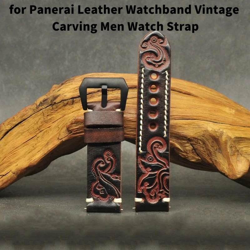الجلود حزام الساعات لبانيراي 18 مللي متر 20 مللي متر 22 مللي متر 24 مللي متر خمر نحت الرجال حزام ساعة اليد اليدوية مخيط تنقش الأسود اكسسوارات #5