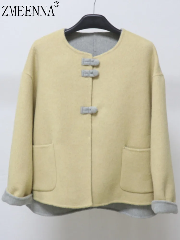 

ZMEENNA Womens Wool Blend Short Jacket Yellow Gray Contrast Color Collar Toggle Closure Fall Winter Outerwear ZM4293