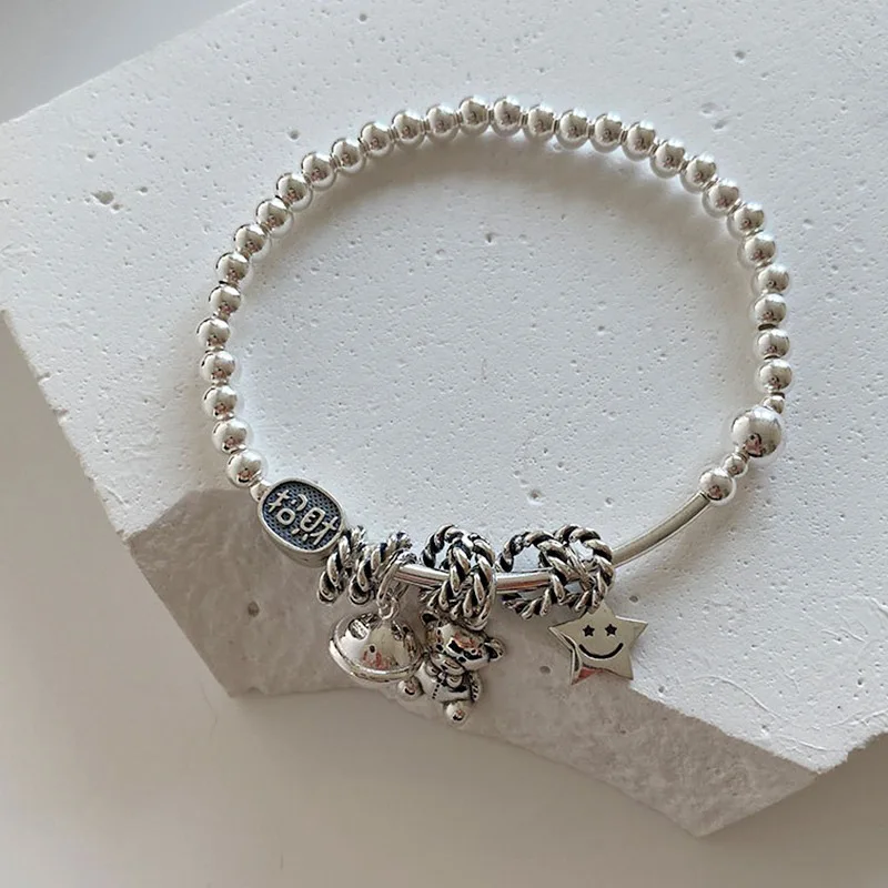 New Design Vintage Bear Animal & Bell Star Thai Silver Female Charm Bracelet Wholesale Jewelry For Women Birthday Gifts No Fade