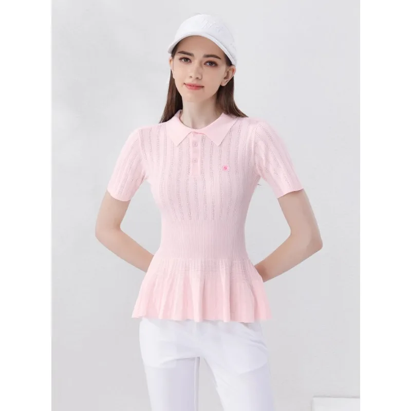 

Golf Women's Short sleeved Knitted Shirt Women's Summer Pink Korean Design Elastic Slim Fit Tennis T-shirt Top