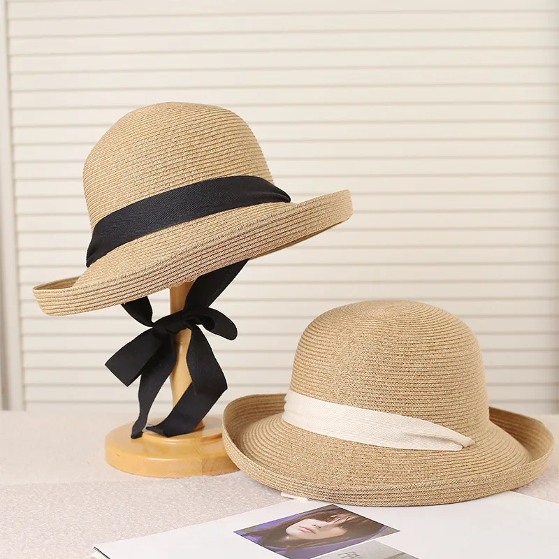 

2026 New Trendy Summer Women's Straw Hat Rolled Edge Bow Breathable Sunscreen Large Eaves Sun Hat Shading Sun Beach Seaside Cap