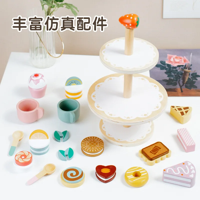 Children's Simulation Wooden Toys Dessert Afternoon Tea Cookies Three Dessert Shelves Cake Tower Set of Play House Toys